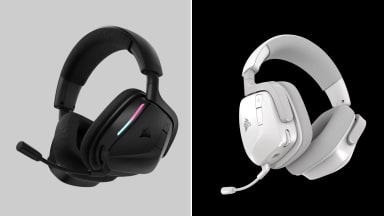Side-by-side image of the new Corsair headset in black and white color options, showcasing its sleek design and built-in microphone.