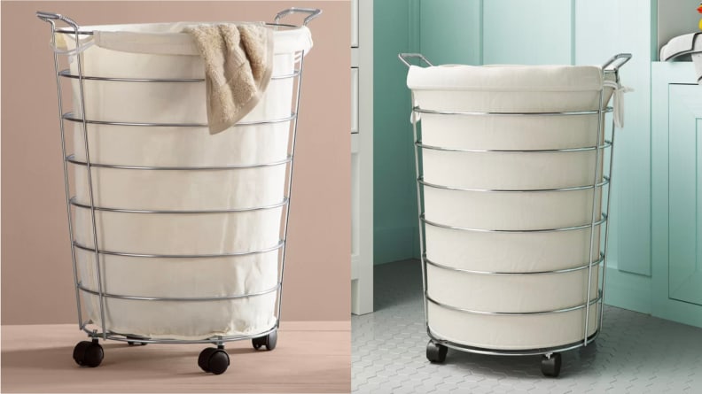 Two images of a rolling laundry hamper.