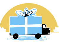 A blue truck driving with a gift bow on top of it