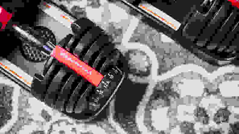 An image of the Bowflex adjustable dumbbells shot from above.