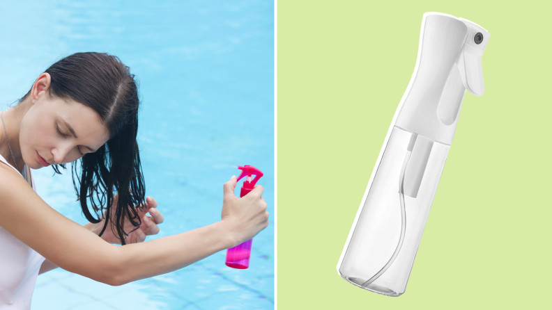 On left, person spraying water bottle onto hair. On right, empty spray bottle.