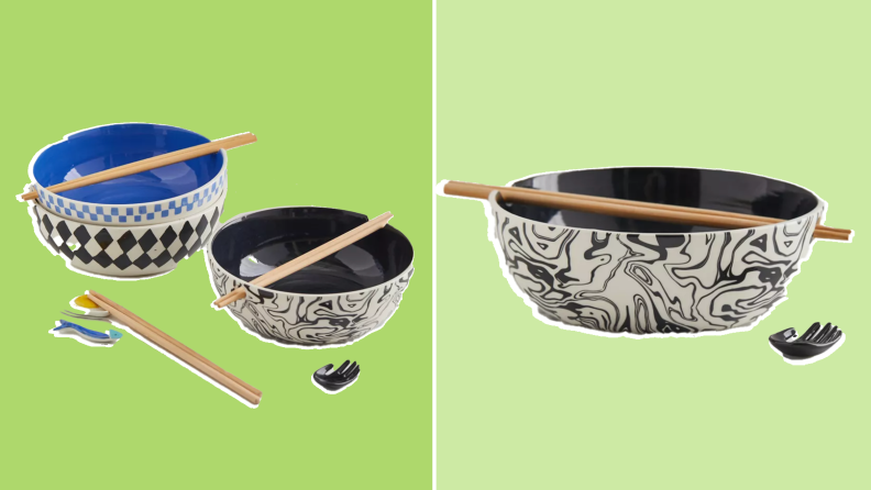 Black and white and blue and white ramen bowls with chopsticks on top from Urban Outfitters.