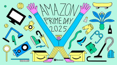 Illustration of excited shopper surrounded by products and shopping boxes, celebrating the Prime Day 2025 sale.