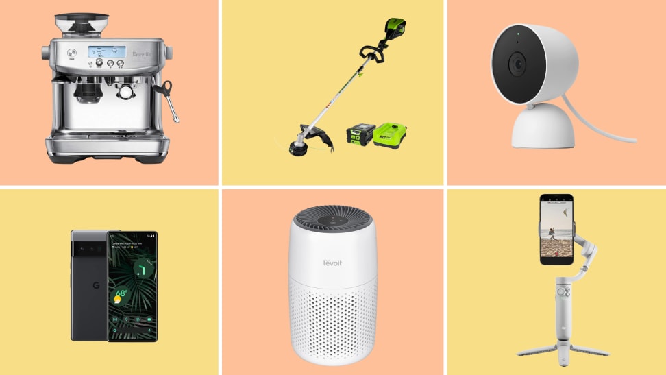 A Breville Espresso machine, a Greenworks lawn trimmer, a Google Nest camera, a Smartphone Gimble, a Levoit Air Purifier, and a Google Pixel 6 arranged in a grid of six with alternating light orange and yellow backgrounds.
