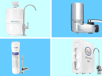 Four water filters on a blue grid background