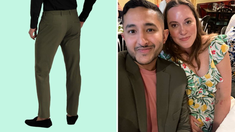 A model wearing green dress pants, and also a photo of a man and woman sitting down. The man wears an olive green blazer with a pink T-shirt, and the woman wears a floral dress.