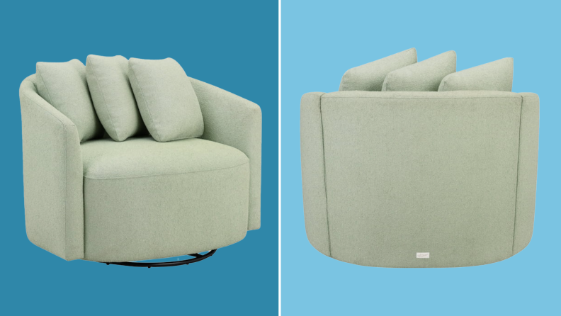 Photo collage of sage green cushioned, rotating arm chair.