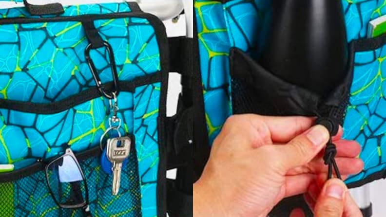 Two close ups of a bright blue walker bag.