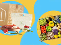 Two meal kit delivery boxes against a yellow and blue background.