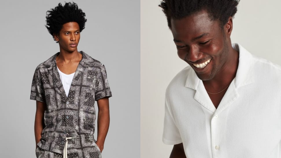 man wearing Todd Snyder camp collar shirt with black bandana print, man wearing white camp collar shirt from Bonobos