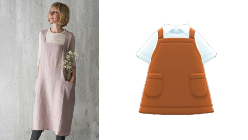 A linen apron and a similar one in Animal Crossing.