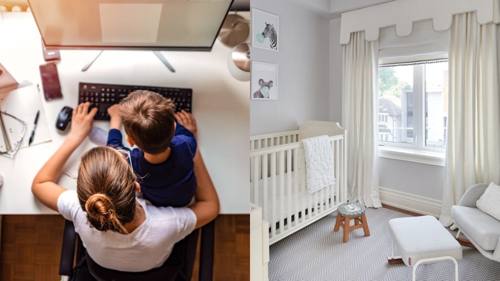 (Left) A parent works from home with a young child sitting on their lap at a desk. (Right) A white, minimalist nursery.