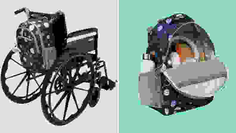 On left, wheelchair with backpack attached. On right, closeup of wheelchair backpack