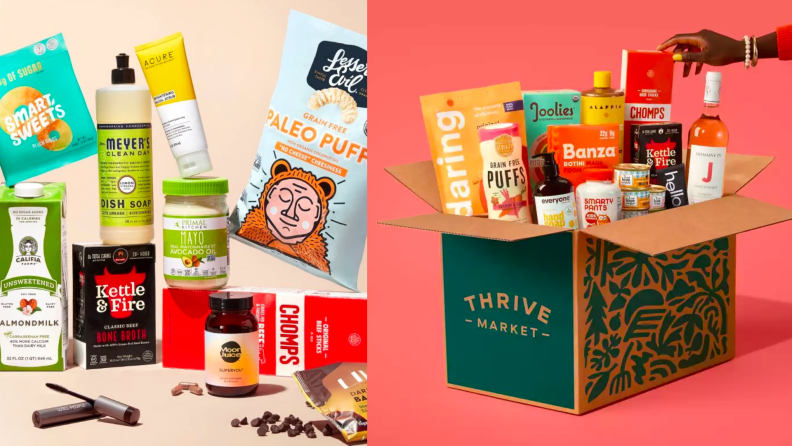 1) An assortment of reusable products. 2) A Thrive Market delivery box.