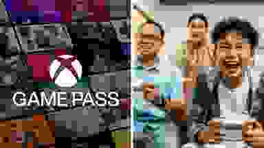 The Xbox Game Pass logo in front of a collage of video games next to a family playing video games.
