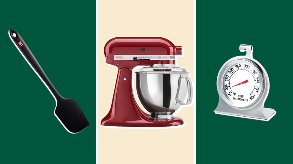 A silicone baking spatula, KitchenAid stand mixer, and oven thermometer on green background