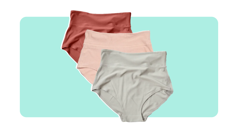 Product shot of three multicolored high-waisted maternity underwear.