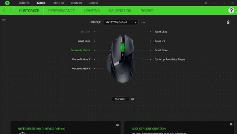 A picture of the setting and controls for the Razer Basilisk V3 X HyperSpeed mouse.