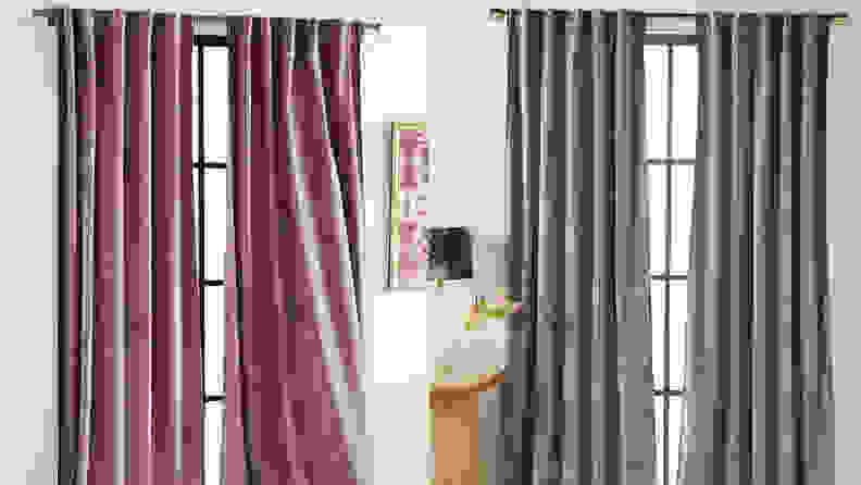 A set mauve and brown velvet curtains.