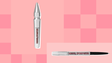 Collage of a brow wax and brow pen from Benefit Cosmetics.