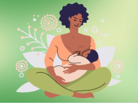 A drawing of a woman smiling down at her nursing newborn.