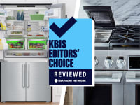 On left, an open refrigerator. On right, a luxury cooktop. Super-imposed, a badge reading