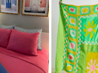 bed made with pink sheets and crochet throw blanket