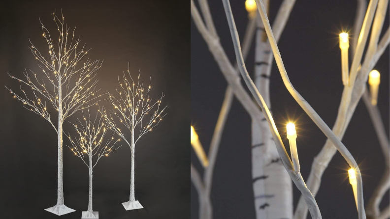 On left, different sized birch trees with light on branches. On right, faux tree branches with small lights.