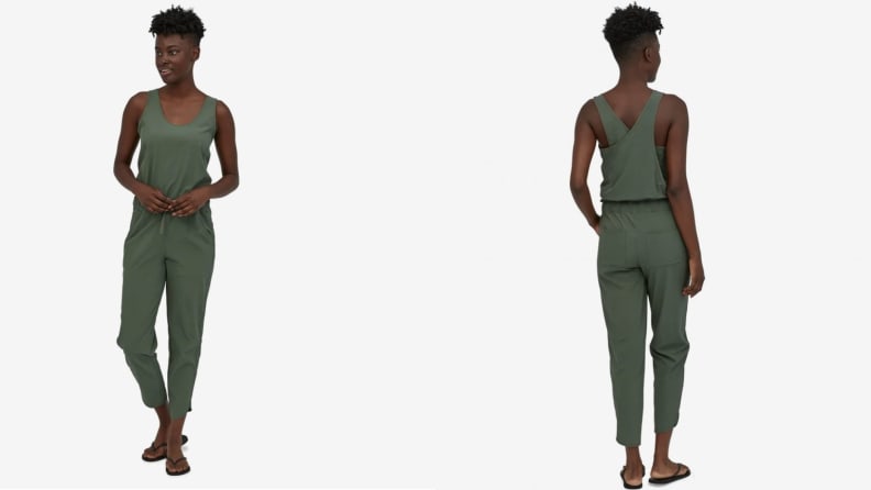 A woman in a full-length green romper