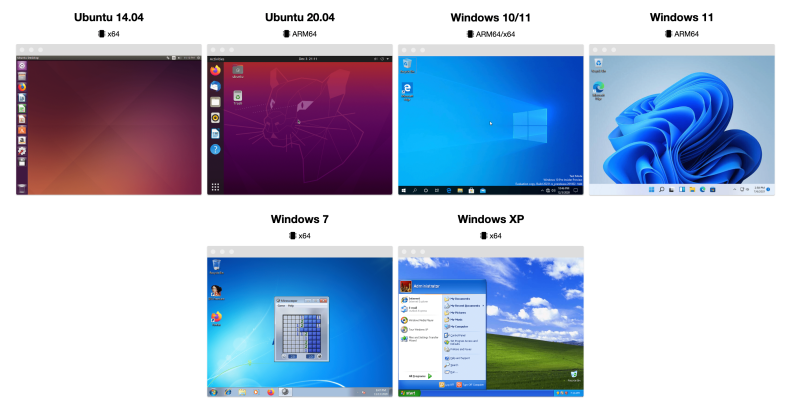 Seven different screens displaying the home desktop menu for Ubuntu 14.04, Ubuntu 20.04, Windows 10/11, Windows 11, Windows 7 and Windows XP.