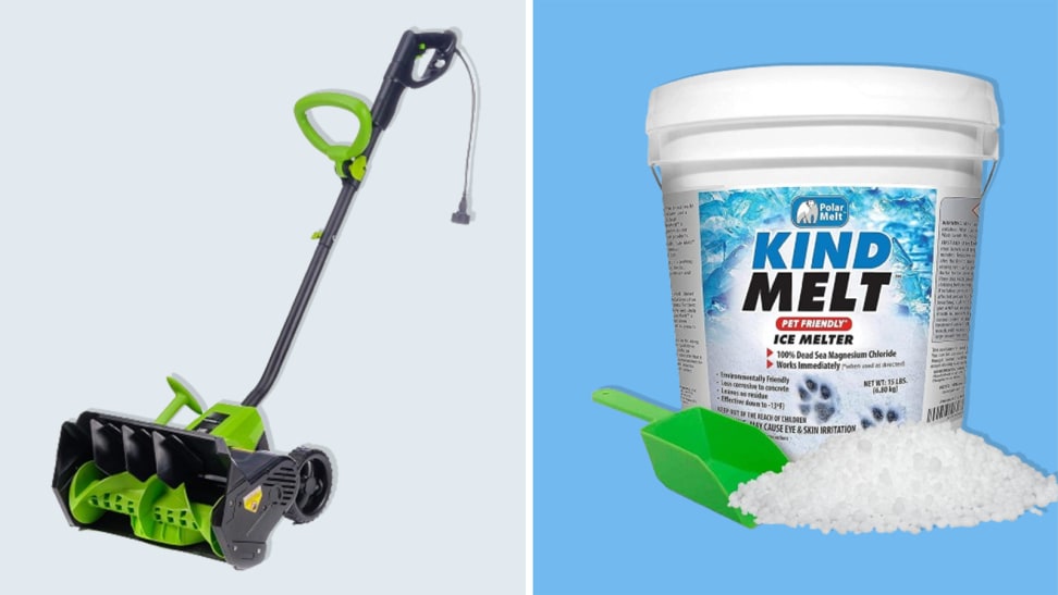 A selection of the best snow removal supplies including Earthwise Electric Corded Snow Shovel and Harris Kind Melt.