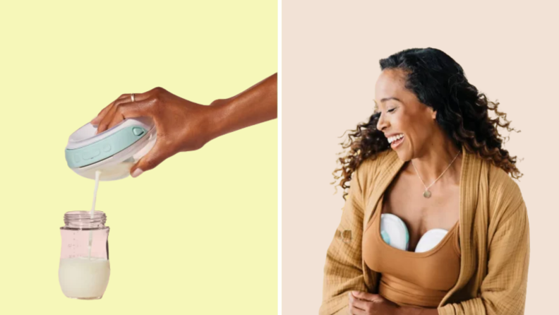 On left, person pouring breast milk into baby bottle from the liquid reservoir in the Willow Go breast pump. On right, person smiling while wearing the Willow Go breast pump.