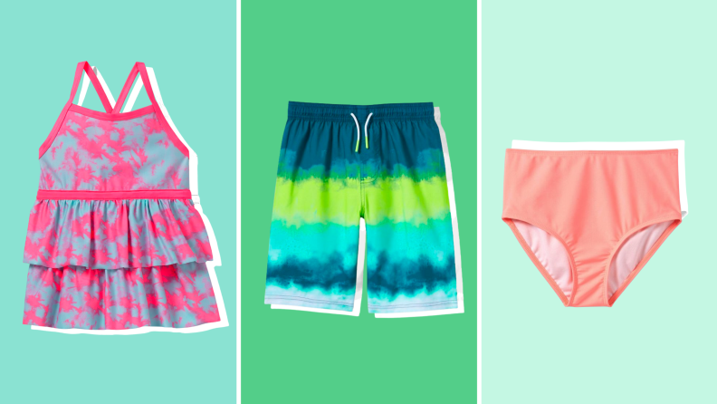 A one-piece swimsuit, swim shorts, and a bikini bottom against a green background.