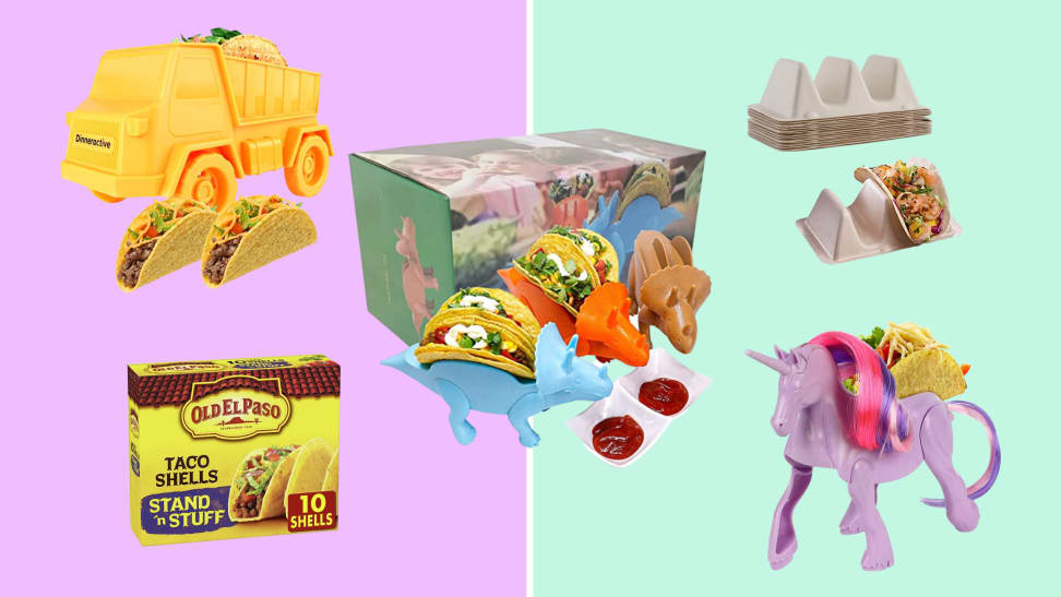 Collage of taco stands from Dinneractive, Old El Paso, WotranSoo, MT Products, and Funwares.
