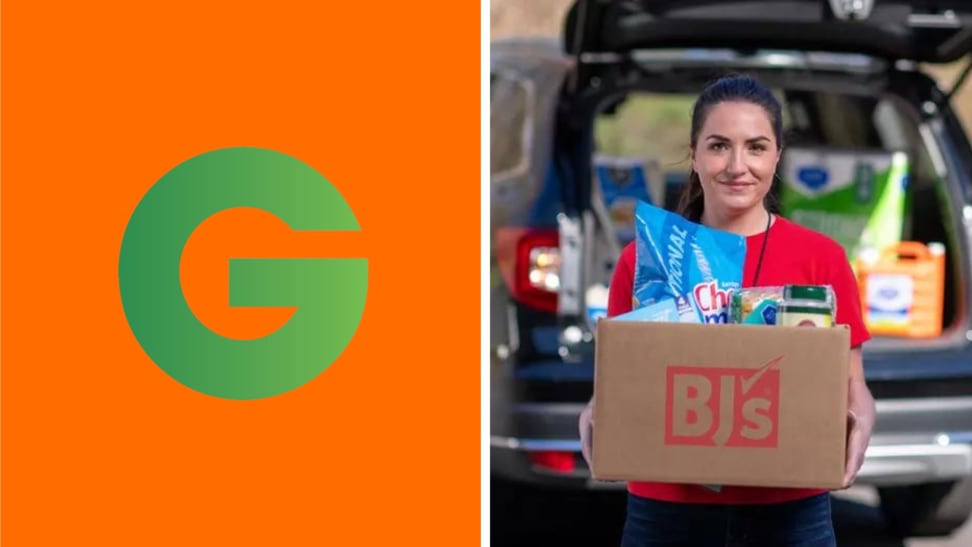 The Groupon logo in front of a colored background next to someone holding a BJ's box.