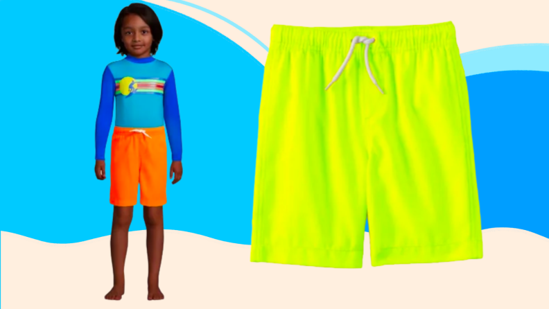 A child wears an orange swimsuit (right) a pair of yellow swim trunks.
