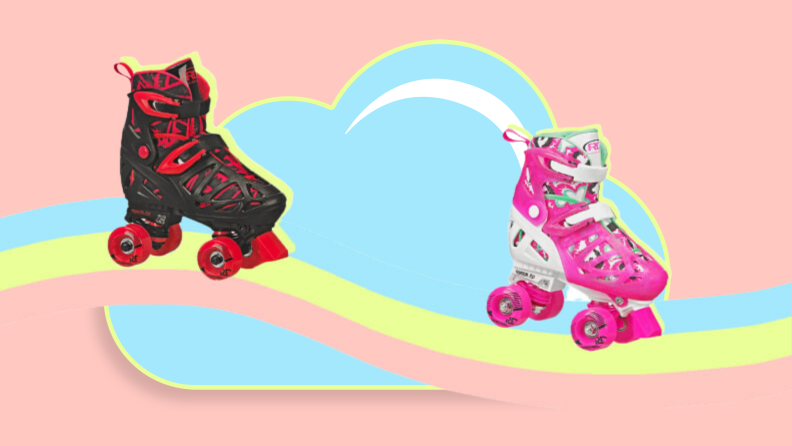Two black and pink roller skates on a rainbow.