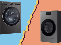 LG WashCombo and Samsung Bespoke Ventless washer-dryer combos on a colorful background with a torn-paper effect between them.