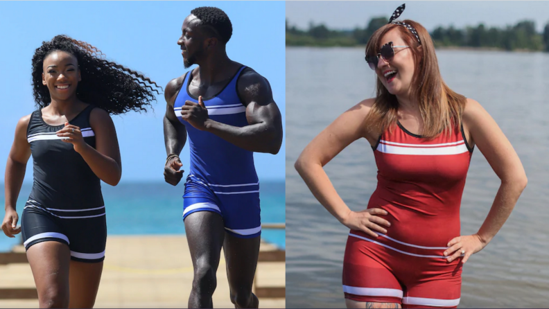 Models displaying gender neutral vintage one-piece swimsuit.
