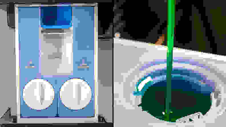 A composite image. The left half is a top-down view of the detergent dispenser, with two twist-off caps covering the detergent and fabric softener reservoirs. In the back middle of the drawer is a small trough for adding bleach. The right half of the image shows detergent drizzling down from off camera, into the detergent well.