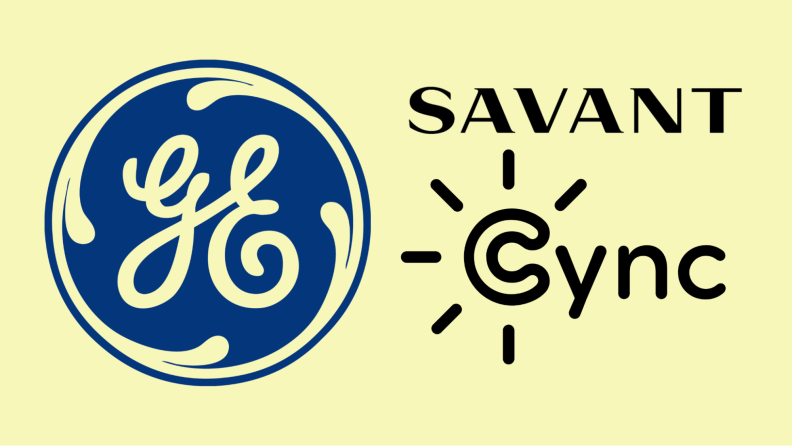 The GE, Savant, and Cync logos appear on a yellow background.