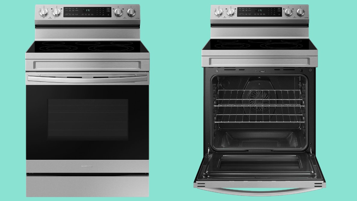 Two images of a stainless steel Samsung range against a green background.