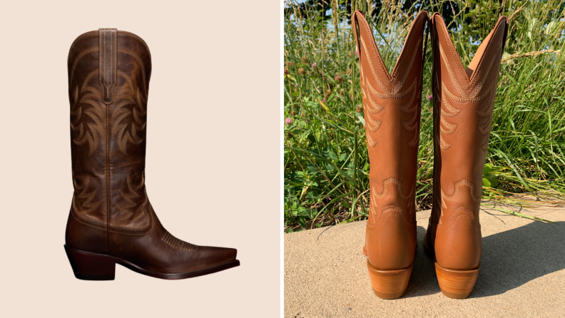 A dark brown leather cowboy boot on the left, and a light brown pair of cowboy boots seen from the back.