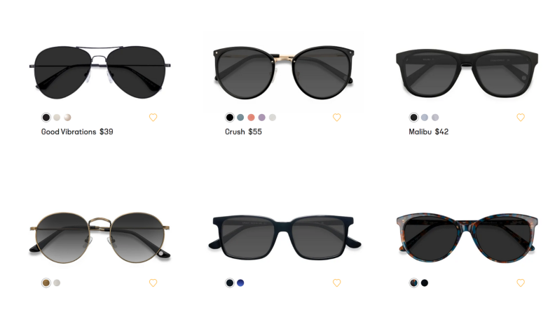 An image of the EyeBuyDirect webpage with several sunglasses styles.