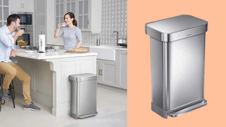 A Simplehuman trash can staged in a kitchen and against an orange background.