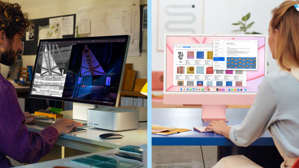 Left: someone uses the Mac Studio with a separate monitor. Right:  Someone uses a pink iMac.