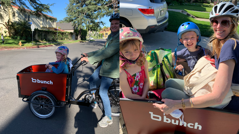 On the left: A man pedals a Bunch Bike with two kids in the cargo compartment. On the right: A woman and two kids sit in the cargo compartment of the Bunch Bike.
