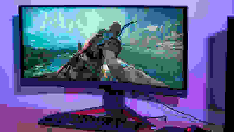 A computer monitor showing a video game character in a boat