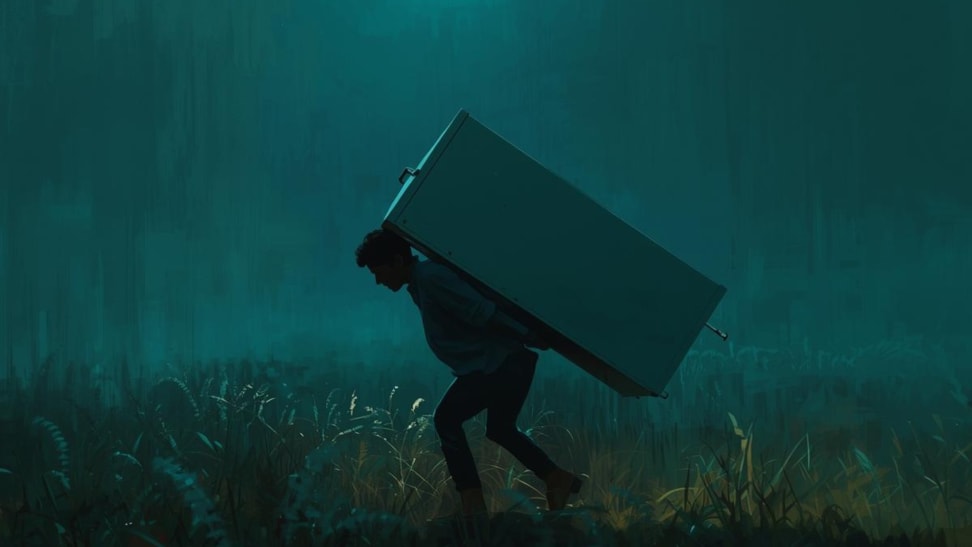 A person sneaking through the night with a refrigerator on their back