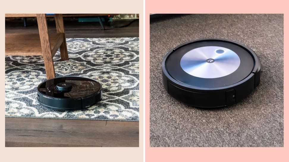 The Roborock S7+ on a gray patterned rug next to an iRobot Roomba j7+ on brown carpet.
